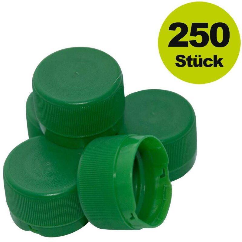  Flaschen Hand-Schraubverschlüsse Kunststoff grün, mit Abriss-Siegellasche, MCA Gewinde,  250 St.