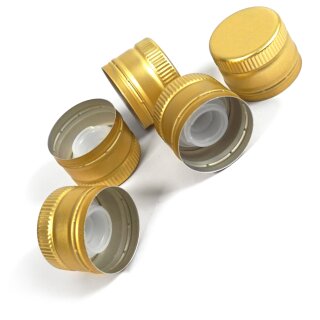 Schraubverschlüsse für Flaschen:  PP 31.5, Maschinen-Schraubverschluss (Rohling ohne Gewinde - für Anrollmaschinen),  gold-farben,  inkl Öl-Ausgießer, mit perforiertem Originalitäts-Ring