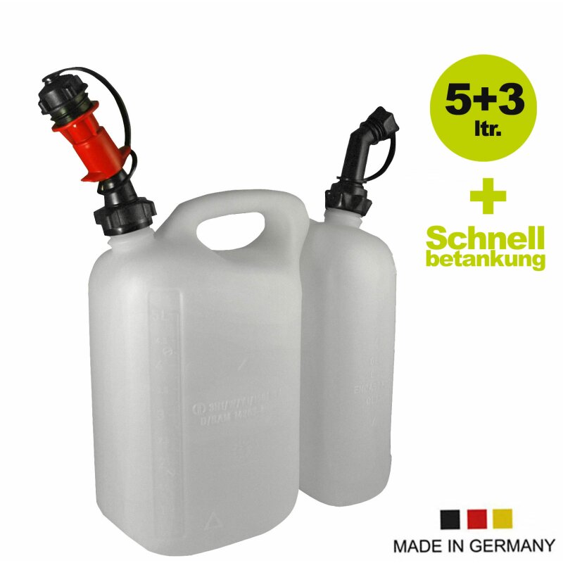 Lagerverkauf: Original Hünersdorff Dopplekanister Kombi-Kanister 5+3 Liter  für Benzinl + 1 Füllsystem, made in Germany