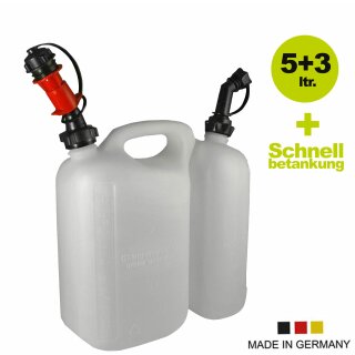 Original Hünersdorff Doppel-Kanister / Kombi-Kanister 5+3 Liter + 1 autom. Füllsystem für Benzin,  Made in Germany