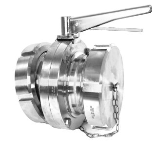 Scheibenventil  KG  NW 100  mit Kappe und Kette - Mutter / Vaterteil  (eine Seite mit Überwurfmutter / andere Seite mit  Aussengewinde ) NW 100, schwerer massiver Edelstahl  / Zubehör Kellerei