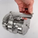 Scheibenventil  KG  NW 100  mit Kappe und Kette - Mutter / Vaterteil  (eine Seite mit Überwurfmutter / andere Seite mit  Aussengewinde ) NW 100, schwerer massiver Edelstahl  / Zubehör Kellerei