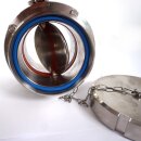 Scheibenventil  KG  NW 100  mit Kappe und Kette - Mutter / Vaterteil  (eine Seite mit Überwurfmutter / andere Seite mit  Aussengewinde ) NW 100, schwerer massiver Edelstahl  / Zubehör Kellerei