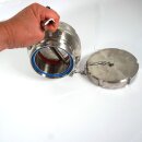 Scheibenventil  KG  NW 100  mit Kappe und Kette - Mutter / Vaterteil  (eine Seite mit Überwurfmutter / andere Seite mit  Aussengewinde ) NW 100, schwerer massiver Edelstahl  / Zubehör Kellerei