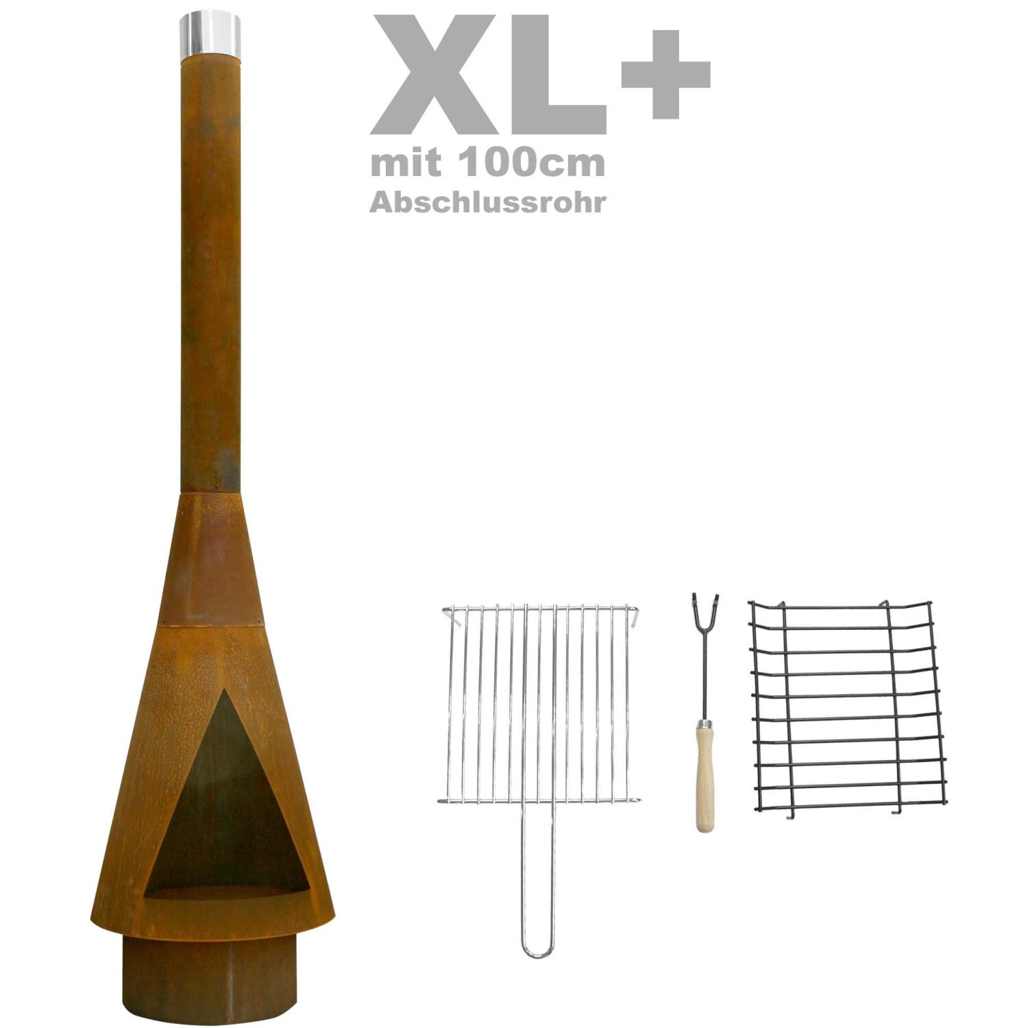 800381-denv-XL-Set  YERD Gartenkamin mit Schornstein  in Rostoptik,Set Denver 225cm XL+  ( inkl. 100cm Rohr-Verlängerung), Grill-Gartenkamin aus echtem Cortenstahl (!),  Terrassenofen  inkl. Grill-Rost Set mit Schürhaken, Versand kostenlos * 	 
		 (Grill, Gartenkamin, Terrassenofen, Terrassenfeuer, Terrassenheizer, Feuerstelle, Cor-Ten Stahl, Design,)  
	