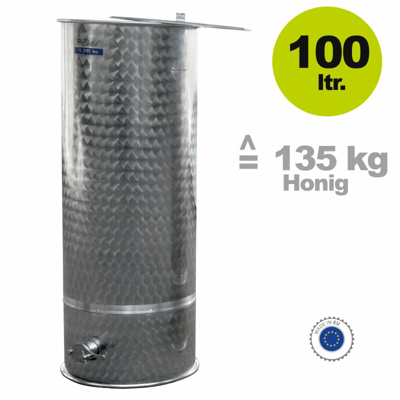 06MED135100 /  Imker Edelstahl Honigfass 135 kg konisch mit Edelstahlquetschhahn,  Fass 100 Liter Volumen - entsprechend 135kg Honig, Zottel Edelstahltank, made in EU   (Versand kostenfrei*)