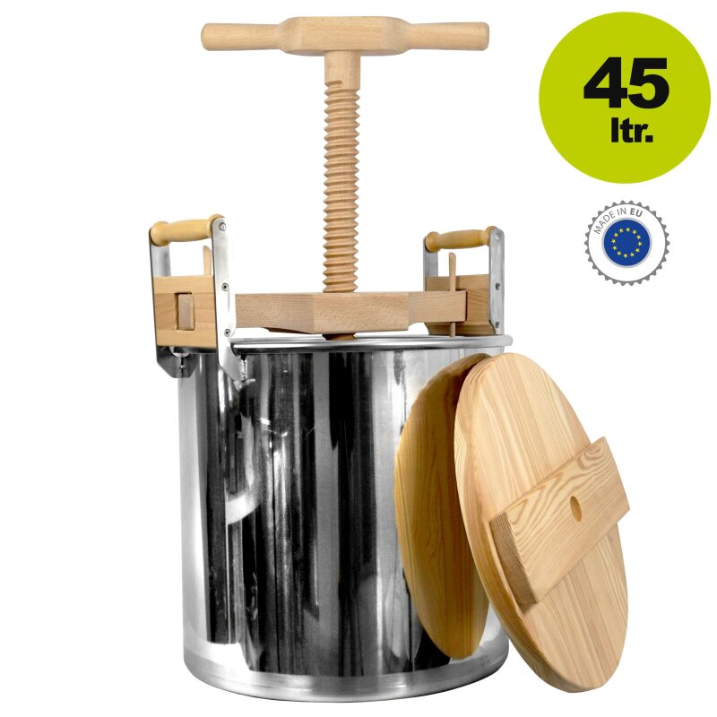 22FS50L /  Sufass / Sauerkraut-Fass mit Spindel: 46 Liter  aus Holz und Edelstahl  hochglanzpoliert, mit Pressspindel aus Holz, Made in EU