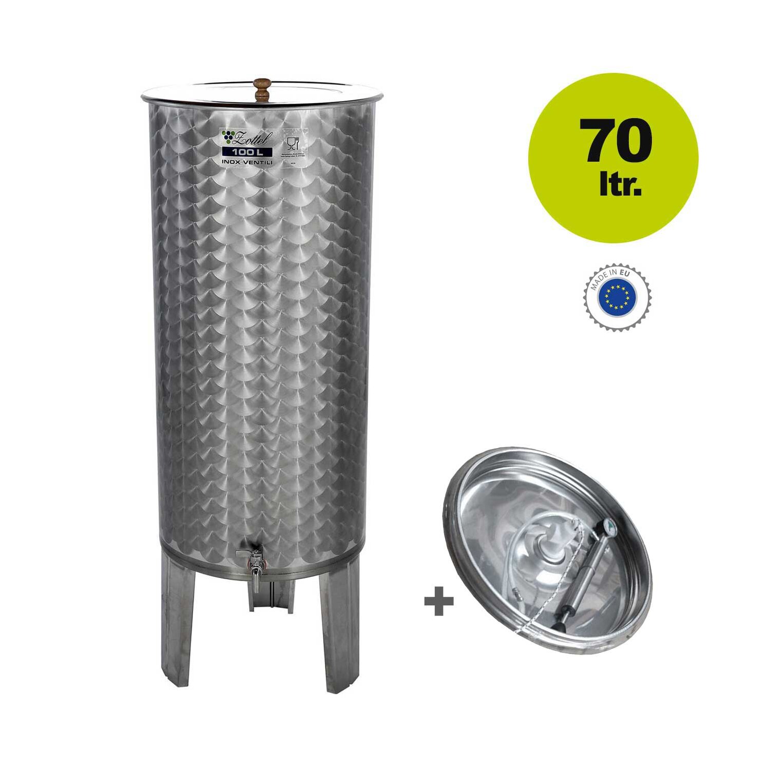 01O70L  Zottel Tank: Edelstahltank Immervolltank / Edelstahlfass mit 70 Liter Volumen / 1 Auslauf, Immervollbehälter  inkl. Schwimmdeckel, Pumpe und Manometer (versandkostenfrei)* 	 
		 (Edelstahltank Immervolltank, Weinfass mit Füßen, 70 Liter)  
	