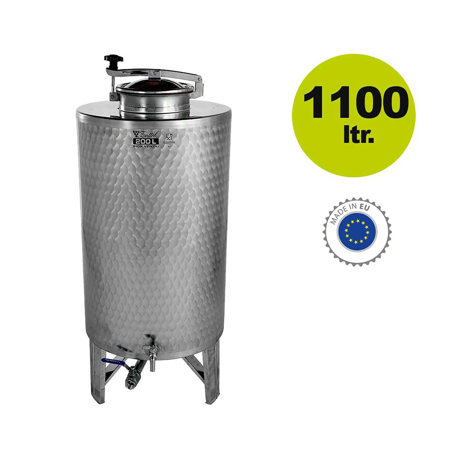 08PO1100L  Zottel Tank: Edelstahl Branntweintank / Edelstahl-Fass 1100 Liter Inhalt mit Domdeckel und Füßen, inkl. Hahn (versandkostenfrei)* 	 
		 (Branntwein-Tank, Fass ca. 1100 Liter, Edelstahl-Fass / Edelstahl-Tank, Fass konisch (Restauslauf), Weinfass / Lebensmittel-Fass, Fass mit Fußgestell,)  
	