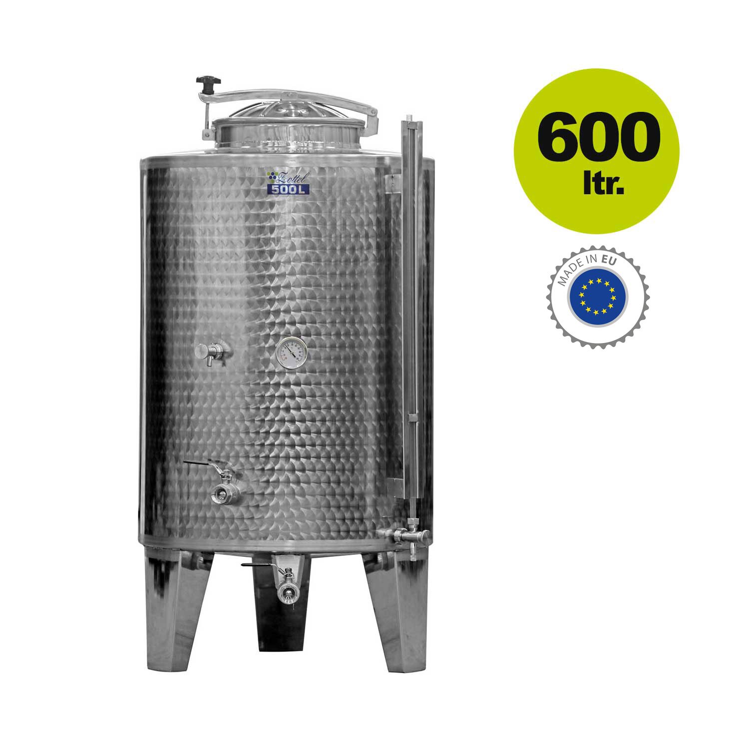 04Z600L4V  Zottel Tank: Lagertank 600 Liter auf 3 angeschweißten Füßen / Edelstahlfass mit Domdeckel 6L, mit Hahn (versandkostenfrei)* 	 
		 (Lagertank mit Domdeckel 600 L)  
	