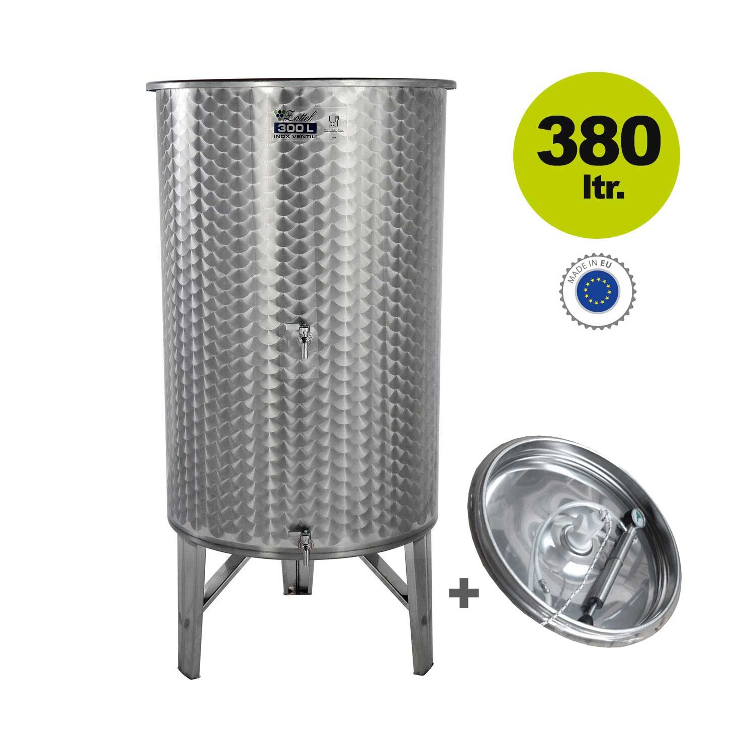 01O380L3V  SET: Zottel Edelstahltank TF380Z3,  380 Liter Inhalt Immervoll-Tank mit Schwimmdeckel (3 Ausläufe) 	 
		 (Fass ca. 300 Liter, Immervoll-Fass, Lagertank,  Weinfass / Lebensmittel-Fass,  Edelstahl-Fass / Edelstahl-Tank, Fass mit Fußgestell, Fass konisch (Restauslauf),)  
	