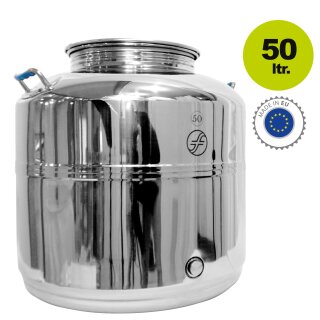 Fischer  POLISHLINE Edelstahl-Transportkanne 50 Liter, Getränkefass für Lebensmittel, Hochglanz poliert, Inox 18/10 AISI 304, Edelstahlkanne geschweißt (!), Behälter ideal für Branntwein, Öliven-Öl, Balsamico Essig, Milch, Federweißer, Most, Wein u.s.w.