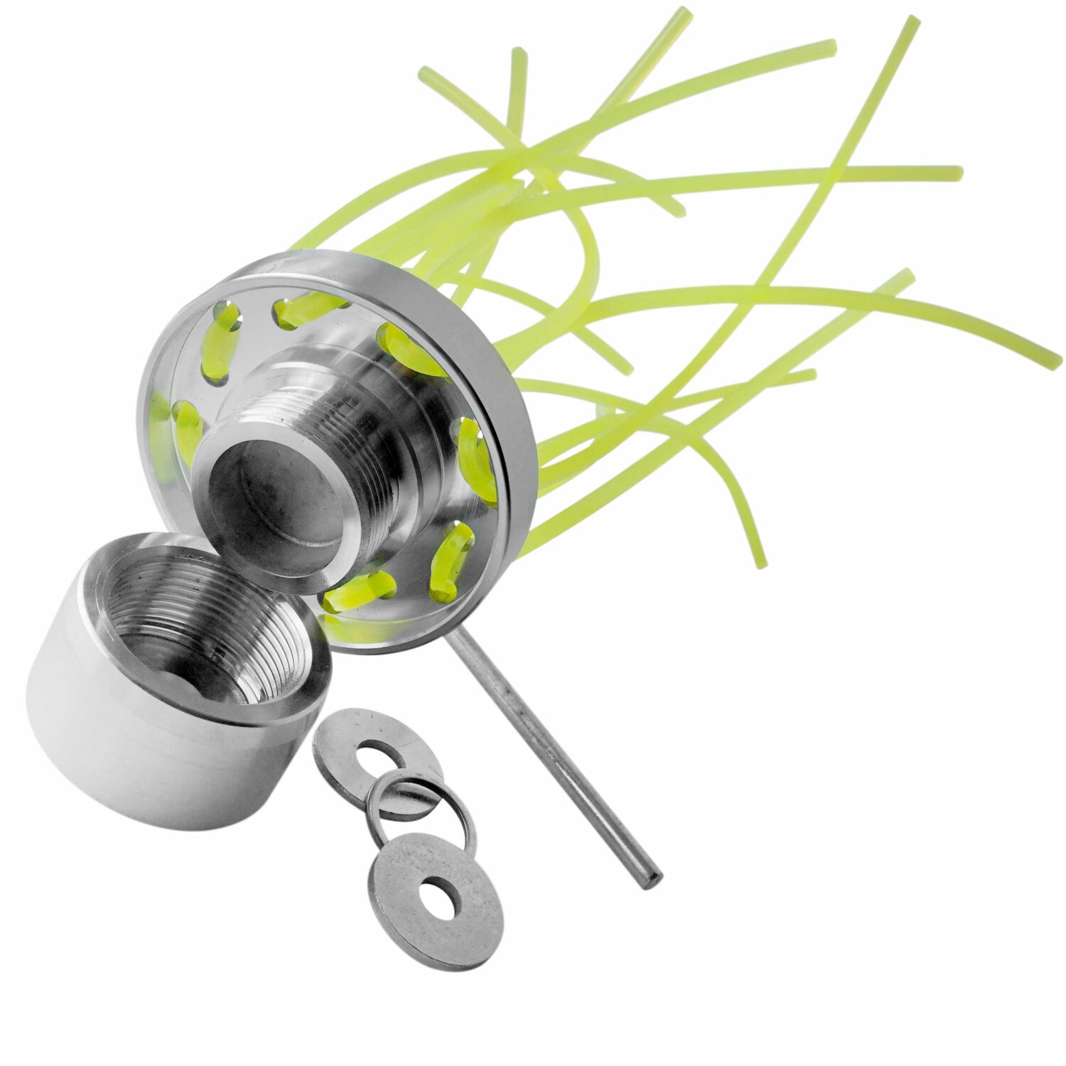 DF1366  PREIS-TIPP:  YERD Lagerverkaufs-Edition TAIFUN MINI, gefräster Voll-Aluminium Multi-Fadenkopf.  für 2-8 (16) Doppel-Mähfäden, Fadenbürste mit leicht abschraubbarem Fadenträger, Mähkopf inkl. Adpater und 8 Mähfäden 	 
		 (Wildkrautbüste, Mähkopf, Multi Fadenkopf, Universal Fadenkopf, Bürstenkopf, Pflasterbürste, Fadenbüste Alu)  
	