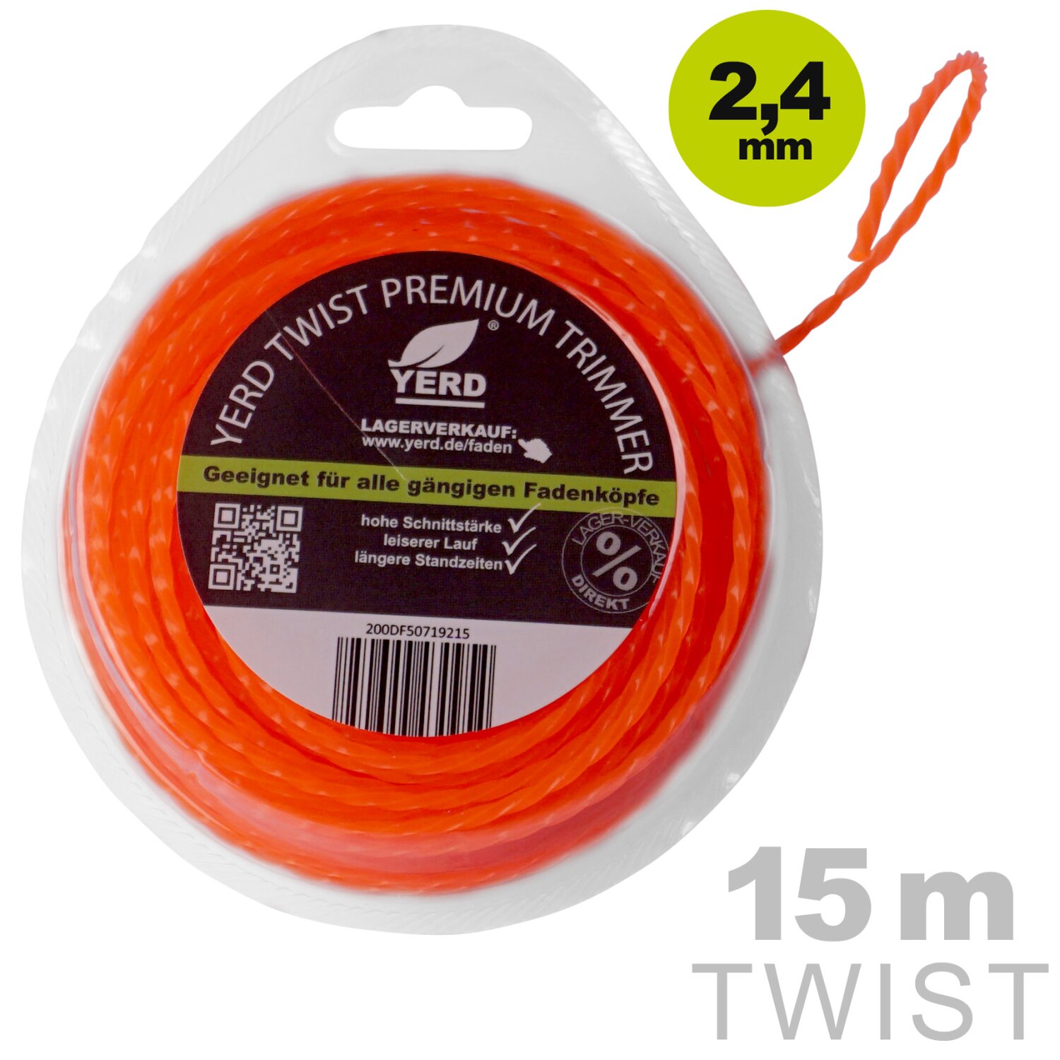 50719215  Gedrehter Mähfaden 2,4mm (diagonal Durchmesser): 15m YERD Premium-Line Trimmerfaden TWIST für Freischneider, hochwertiges Polyamid, aggressive 3D Vierkant-Schneidecken, leiser durch gedrehte Form 	 
		 (Mähfaden, Trimmerfaden, Freischneiderfaden, qudratisch gedreht, 2.4mm)  
	