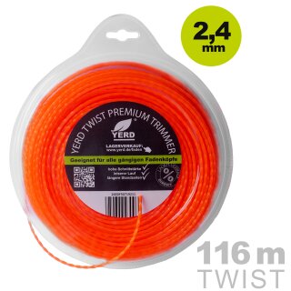 Gedrehter Mähfaden 2,4mm (diagonal Durchmesser): 116m YERD Premium-Line Trimmerfaden TWIST für Freischneider, hochwertiges Polyamid, aggressive 3D Vierkant-Schneidecken, leiser durch gedrehte Form