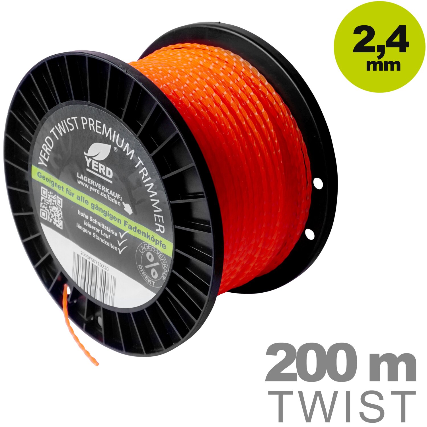 50719220  Gedrehter Mähfaden 2,4mm (diagonal Durchmesser): 200m YERD Premium-Line Trimmerfaden TWIST für Freischneider, hochwertiges Polyamid, aggressive 3D Vierkant-Schneidecken, leiser durch gedrehte Form 	 
		 (Mähfaden, Trimmerfaden, Freischneiderfaden, qudratisch gedreht, 2.4mm)  
	