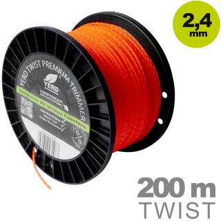 Gedrehter Mähfaden 2,4mm (diagonal Durchmesser): 200m YERD Premium-Line Trimmerfaden TWIST für Freischneider, hochwertiges Polyamid, aggressive 3D Vierkant-Schneidecken, leiser durch gedrehte Form