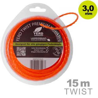 Gedrehter Mähfaden 3mm (diagonal Durchmesser): 15m YERD Premium-Line Trimmerfaden TWIST für Freischneider, hochwertiges Polyamid, aggressive 3D Vierkant-Schneidecken, leiser durch gedrehte Form