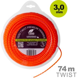 Gedrehter Mähfaden 3mm (diagonal Durchmesser): 74m YERD Premium-Line Trimmerfaden TWIST für Freischneider, hochwertiges Polyamid, aggressive 3D Vierkant-Schneidecken, leiser durch gedrehte Form