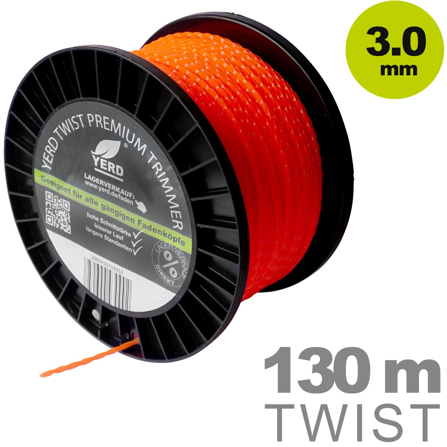 50719313  Gedrehter  Mähfaden 3mm (diagonal Durchmesser): 130m YERD Premium-Line Trimmerfaden TWIST für Freischneider, hochwertiges Polyamid, aggressive 3D Vierkant-Schneidecken, leiser durch gedrehte Form 	 
		 (Mähfaden, Trimmerfaden, Freischneiderfaden, qudratisch gedreht, 3mm)  
	