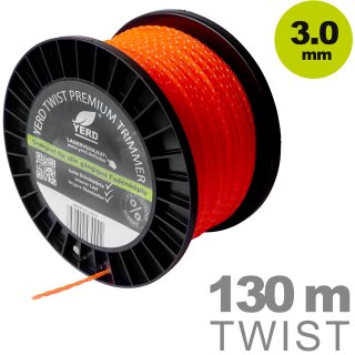 Gedrehter  Mähfaden 3mm (diagonal Durchmesser): 130m YERD Premium-Line Trimmerfaden TWIST für Freischneider, hochwertiges Polyamid, aggressive 3D Vierkant-Schneidecken, leiser durch gedrehte Form