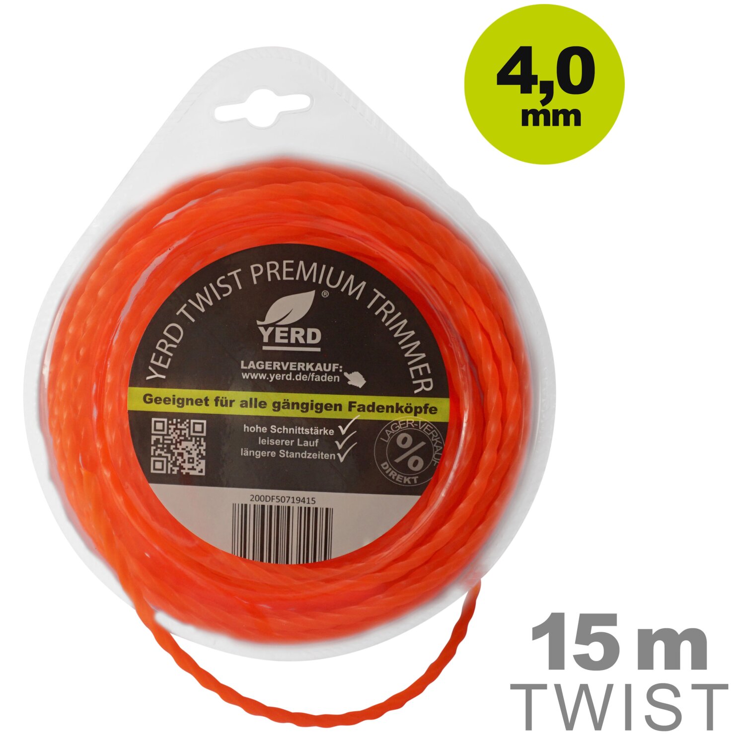 50719415  15m gedrehter 4-kant Mähfaden 4mm (diagonal Durchmesser):  YERD Premium-Line Trimmerfaden TWIST für Freischneider, hochwertiges Polyamid, aggressive 3D Vierkant-Schneidecken, leiser durch gedrehte Form 	 
		 (Mähfaden, Trimmerfaden, Freischneiderfaden, qudratisch gedreht, 4mm)  
	