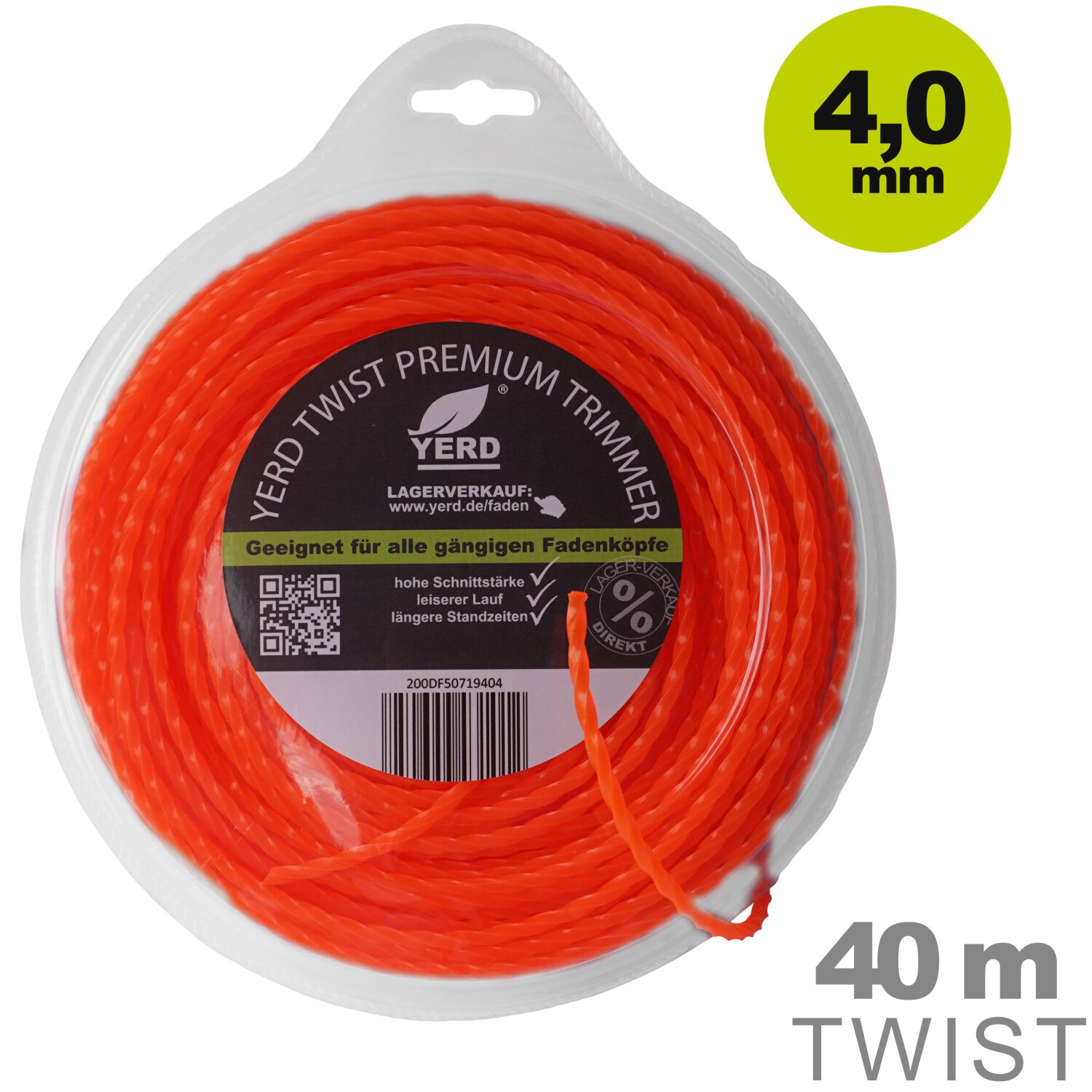 50719404  Gedrehter Mähfaden 4mm (diagonal Durchmesser): 40m YERD Premium-Line Trimmerfaden TWIST für Freischneider, hochwertiges Polyamid, aggressive 3D Vierkant-Schneidecken, leiser durch gedrehte Form 	 
		 (Mähfaden, Trimmerfaden, Freischneiderfaden, quadratisch gedreht, 4mm)  
	