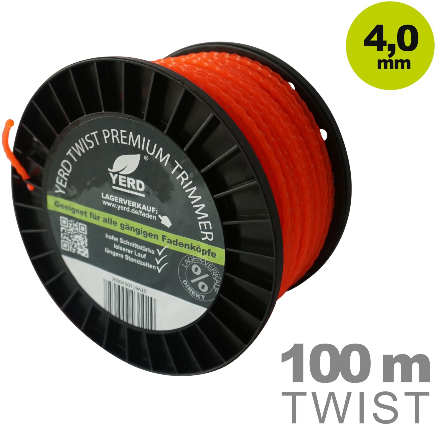 50719410  100m gedrehter  4-kant Mähfaden 4mm (diagonal Durchmesser):  YERD Premium-Line Trimmerfaden TWIST für Freischneider, hochwertiges Polyamid, aggressive 3D Vierkant-Schneidecken, leiser durch gedrehte Form 	 
		 (Mähfaden, Trimmerfaden, Freischneiderfaden, qudratisch gedreht, 4mm)  
	
