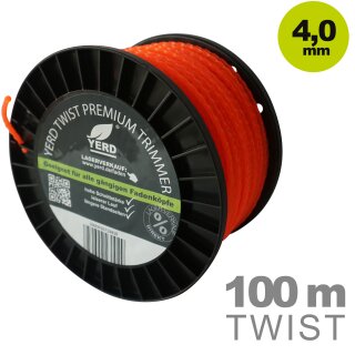 100m gedrehter  4-kant Mähfaden 4mm (diagonal Durchmesser):  YERD Premium-Line Trimmerfaden TWIST für Freischneider, hochwertiges Polyamid, aggressive 3D Vierkant-Schneidecken, leiser durch gedrehte Form