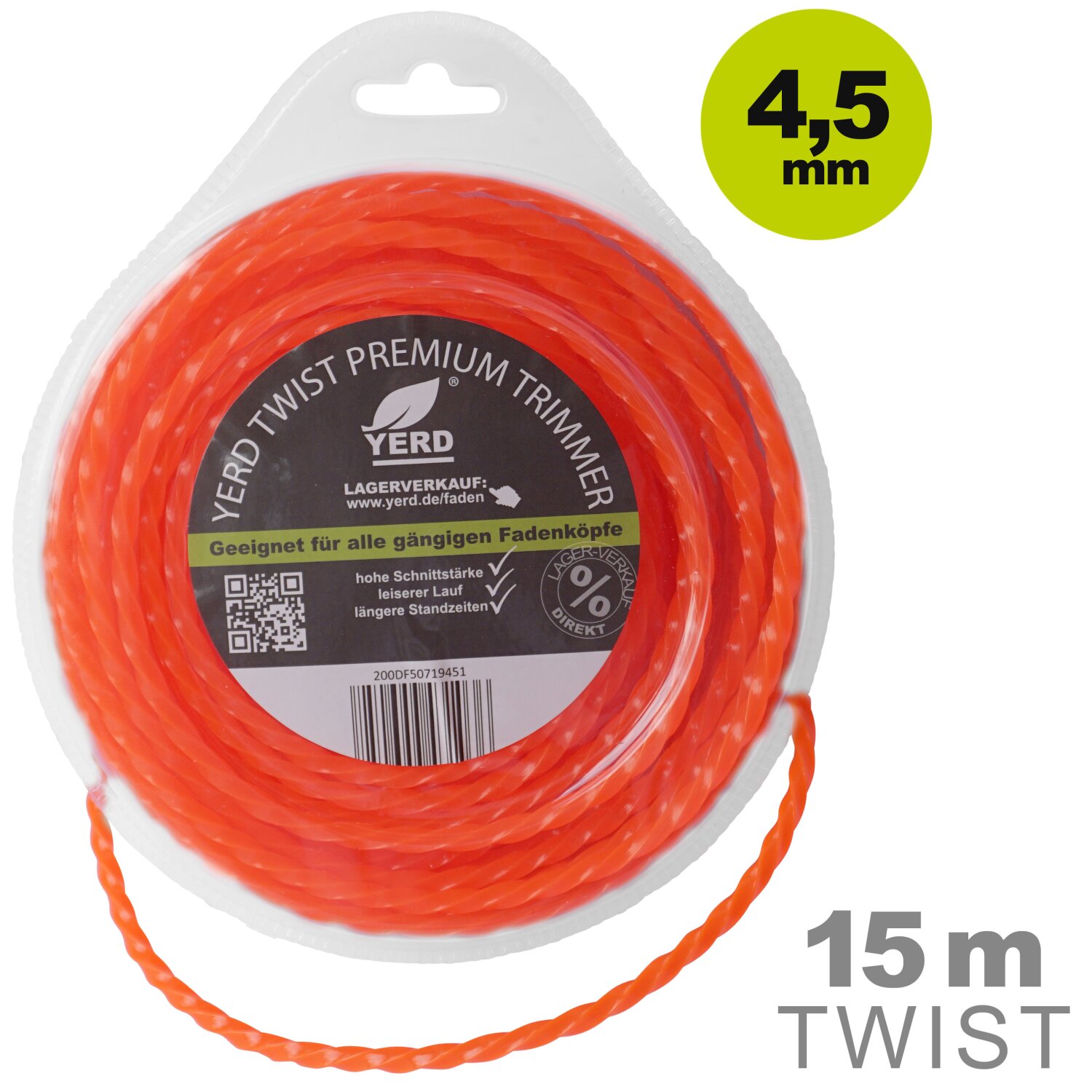 50719451  Gedrehter  Mähfaden 4,5mm (diagonal Durchmesser 6,2mm): 15m YERD Premium-Line Trimmerfaden TWIST für Freischneider, hochwertiges Polyamid, aggressive 3D Vierkant-Schneidecken, leiser durch gedrehte Form 	 
		 (Mähfaden, Trimmerfaden, Freischneiderfaden, qudratisch gedreht, 4.5mm)  
	