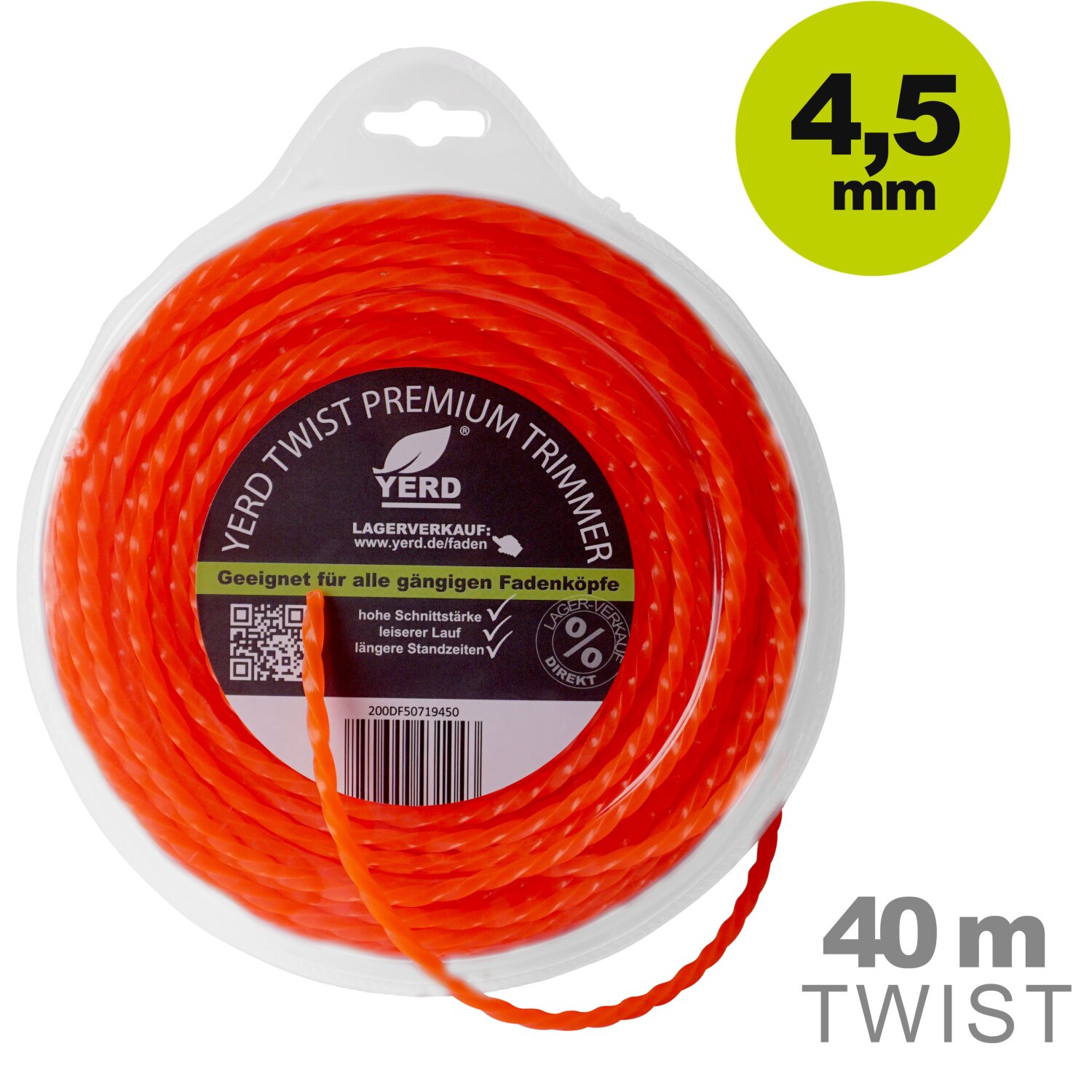 50719450  Gedrehter Mähfaden 4,5mm: 40m YERD Premium-Line Trimmerfaden TWIST für Freischneider, hochwertiges Polyamid, aggressive 3D Vierkant-Schneidecken, leiser durch gedrehte Form 	 
		 (Mähfaden, Trimmerfaden, Freischneiderfaden, qudratisch gedreht, 4.5mm)  
	