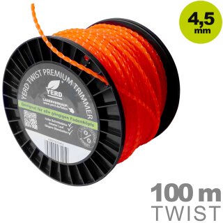 Gedrehter  Mähfaden 4,5mm (diagonal Durchmesser): 100m YERD Premium-Line Trimmerfaden TWIST für Freischneider, hochwertiges Polyamid, aggressive 3D Vierkant-Schneidecken, leiser durch gedrehte Form