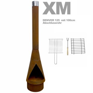 Gartenkamin mit Schornstein: YERD Denver XM+ aus echtem Cortenstahl inkl. Grill-Rost Set, Denver BBQ 125cm mit 100cm Rohr-Verlängerung (Versand kostenlos)