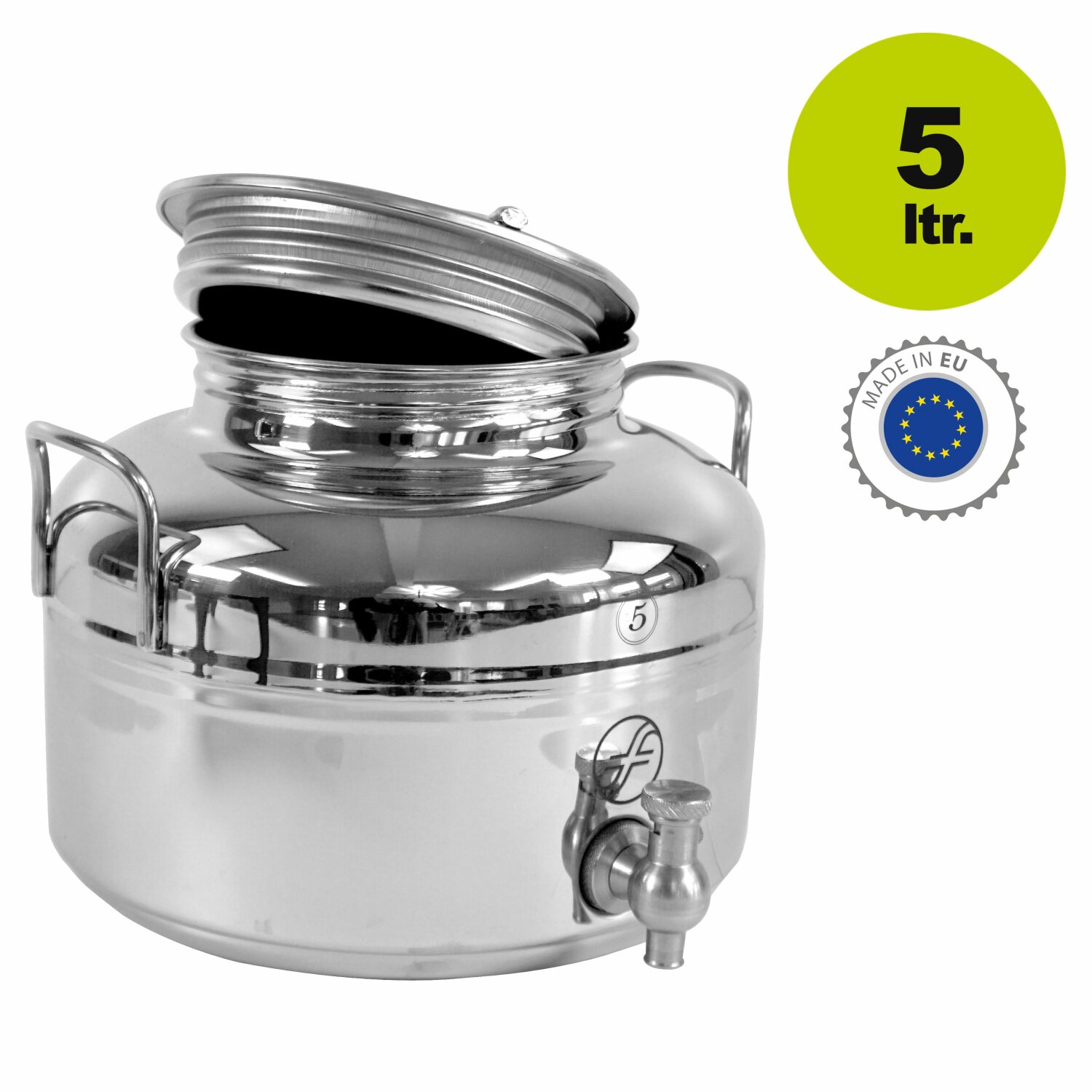 500T5H  Transportkanne NEU v2024: Fischer POLISHLINE Edelstahlkanne 5 Liter mit Edelstahl-Hahn, für Lebensmittel, Kanne verschweißt (!), Inox 18/10, Hochglanz poliert, Edelstahlbehälter klein  ideal für Branntwein, Öliven-Öl, Balsamico Essig, Federweißer 	 
		 (Edelstahl, Kanne für Lebensmittel,  Edelstahl-Behälter, Transportbehälter für flüssige Lebensmittel, 5 Liter,)  
	