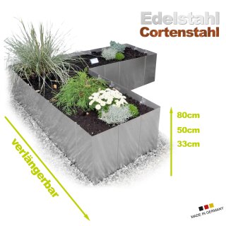Hochbeet nach Maß - aus Metall KONFIGURIERBAR: "Corner 160" Hochbeet Edelstahl oder in Cortenstahl (rostig), 160x160cm  in verschiedenen Höhen (33cm, 50cm, 80cm), beliebig verlängerbar! (Versand kostenfrei *)