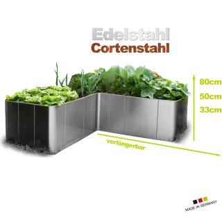 Hochbeet nach Maß - aus Metall KONFIGURIERBAR: "Corner 163" Hochbeet Edelstahl oder in Cortenstahl (rostig), runde Ecken, 163x163cm in verschiedenen Höhen (33cm, 50cm, 80cm), beliebig verlängerbar! (Versand kostenfrei *)