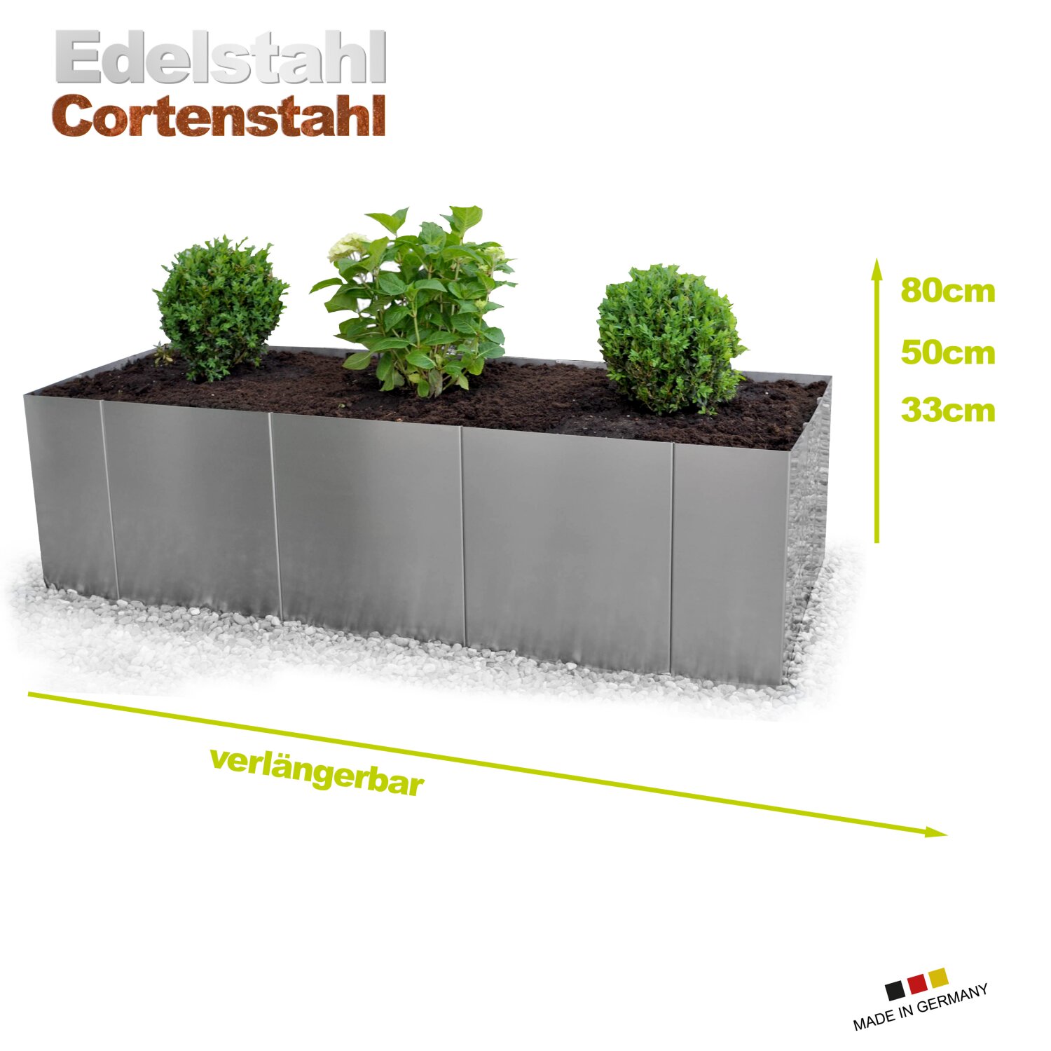   Hochbeet aus Metall - nach Maß KONFIGURIERBAR: Günstiges "Square 160" Hochbeet Edelstahl oder in Cortenstahl (edelrost / rostig), 160x60cm  in verschiedenen Höhen (33cm, 50cm, 80cm), beliebig verlängerbar! (Versand kostenfrei *) 	 
		 (Metall Hochbeet, Hochbeet Rostlook, Hochbeet Sondermaße Sonderanfertigung in Edelstahl Edelrost Cortenstahl, Corten Hochbeet, Cortenstahl Hochbeet, Pflanzbehälter, Metall Übertöpfe, Edelstahl Cortenstahl Gemüsebeet Blumenbeet)  
	