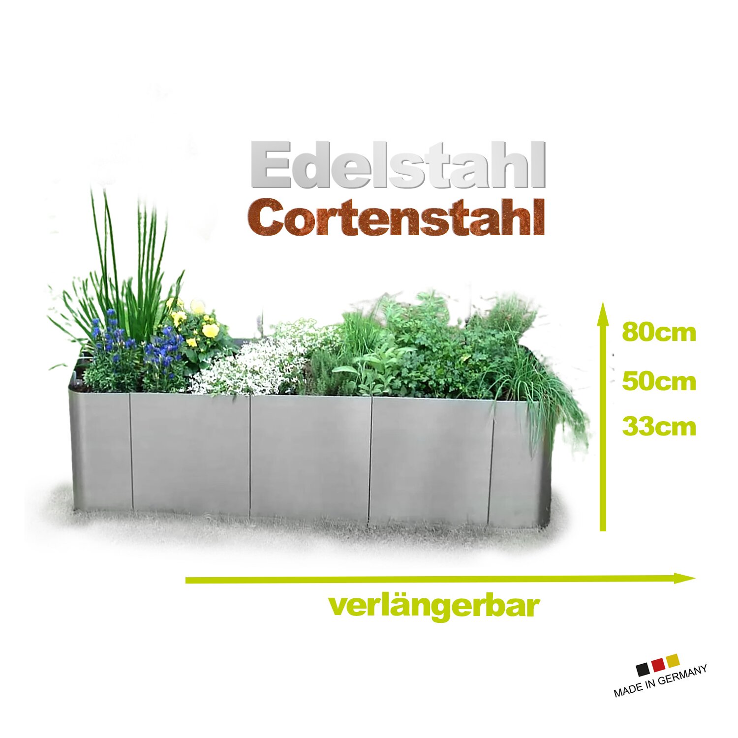 GM160300  Hochbeet aus Metall - nach Maß KONFIGURIERBAR: Günstiges "Square 163" Hochbeet Edelstahl oder in Cortenstahl (edelrost / rostig), runde Ecken, 163x60cm in verschiedenen Höhen (33cm, 50cm, 80cm), beliebig verlängerbar! (Versand kostenfrei *) 	 
		 (Metall Hochbeet, Hochbeet Rostlook, Hochbeet Sondermaße Sonderanfertigung in Edelstahl Edelrost Cortenstahl, Corten Hochbeet, Cortenstahl Hochbeet, Pflanzbehälter, Metall Übertöpfe, Edelstahl Cortenstahl Gemüsebeet Blumenbeet)  
	