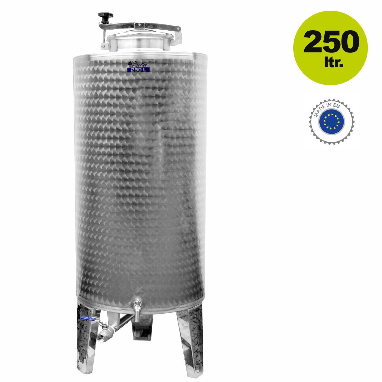 08PO250L  Edelstahl Branntweintank / Edelstahl-Fass 250 Liter Inhalt, mit Domdeckel und Füßen, inkl. Hahn (versandkostenfrei)* 	 
		 (Branntwein-Tank, Fass ca. 250 Liter, Edelstahl-Fass / Edelstahl-Tank, Fass konisch (Restauslauf), Weinfass / Lebensmittel-Fass, Fass mit Fußgestell,)  
	