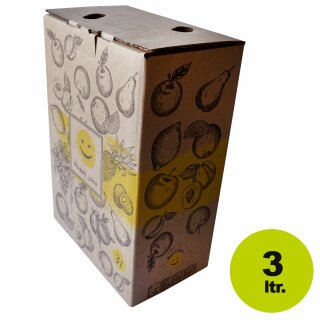 Bag in Box natur-braun, 3 Liter,  Auslauf unten Mitte, Kartonmotiv "Happy Juice", leicht beklebbar mit eigenem Label,  Karton ohne Beutel