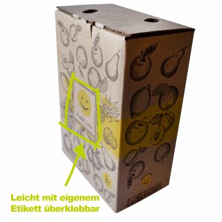  Details:   Bag in Box natur-braun, 3 Liter,  Auslauf unten Mitte, Kartonmotiv "Happy Juice", leicht beklebbar mit eigenem Label,  Karton ohne Beutel / Bag-In-Box Karton 3 Liter, natur braun 