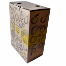 Bag in Box natur-braun, 3 Liter,  Auslauf unten Mitte, Kartonmotiv "Happy Juice", leicht beklebbar mit eigenem Label,  Karton ohne Beutel