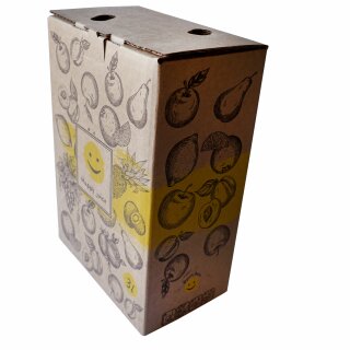  Details:   Bag in Box natur-braun, 5 Liter, Auslauf unten Mitte, Kartonmotiv "Happy Juice", leicht beklebbar mit eigenem Label, Karton ohne Beutel / Bag-In-Box Karton 5 Liter, natur braun 