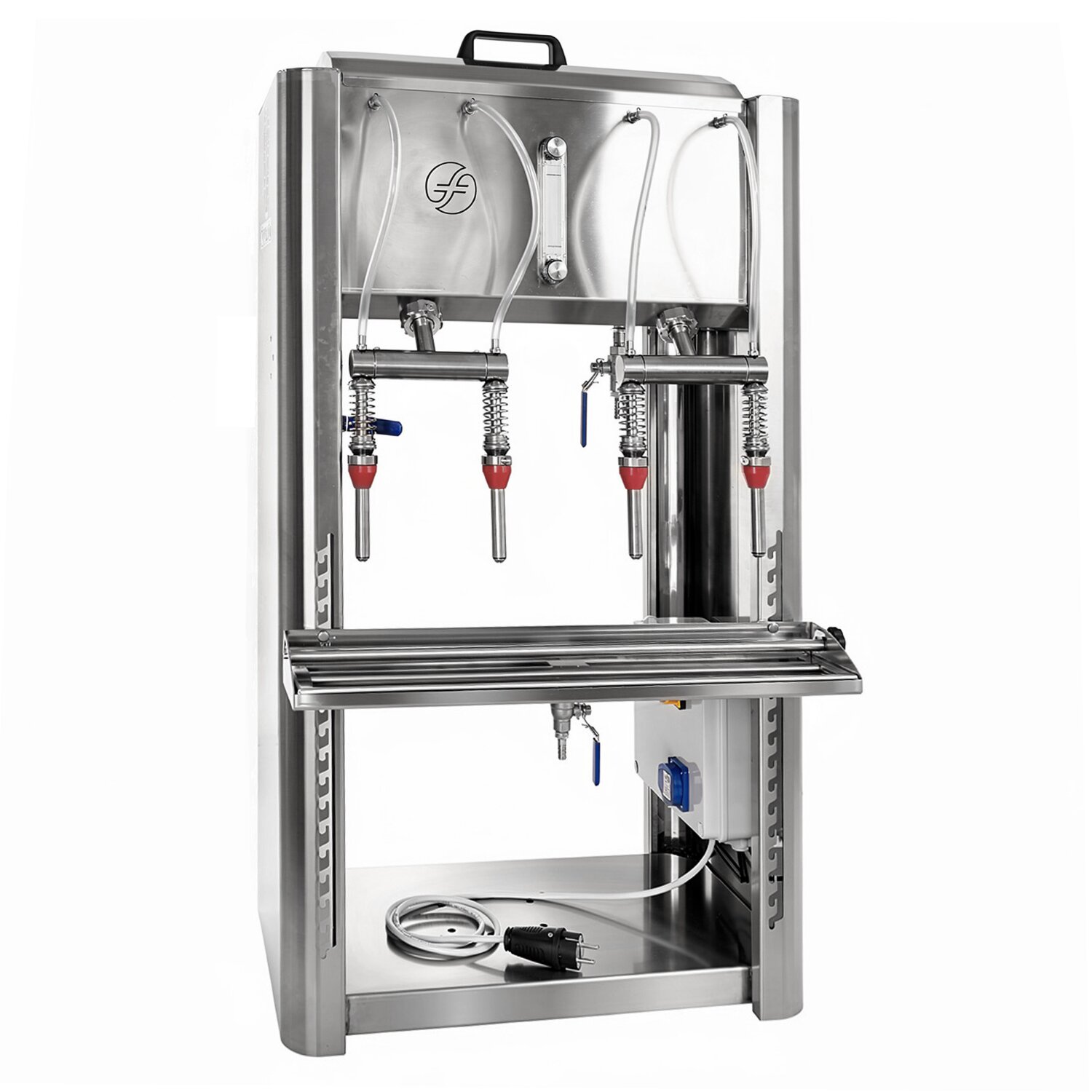 9301  Flaschen-Abfüller für Pumpe: Profi Abfüllgerät 4 Stationen mit elektronisch gesteuertem Füllstands-Messer (steuert Pumpe), 230V, Falldruckfüller 14mm Edelstahl Standard-Füllventilen - Abfülleistung ca. 480 Ltr./Std., made in EU  (versandkostenfrei)* 	 
		 (Abfüller, Flaschenabfüller, Flaschenfüllgerät, Falldruckfüller, Wein-Abfüllgerät, Flaschenabfüllmaschine)  
	