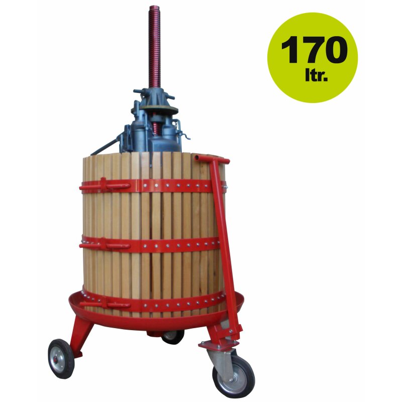 500OPH55Fahrbar /  Obstpresse Holz, manuell hydraulisch: Weinpresse (Traubenpresse)  / Apfelpresse OPH55,  170 Liter Presskorb-Inhalt, mit Fahrwerk, hand-hydraulische Korbpresse (versandkostenfrei)* 