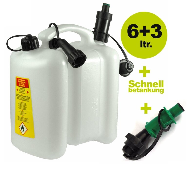 Tecomec Kombikanister 6L + 3L weiss, inkl. Füllsystem Benzin und Öl - Einfüllsystem mit Autostopp für Benzin und Kettenöl