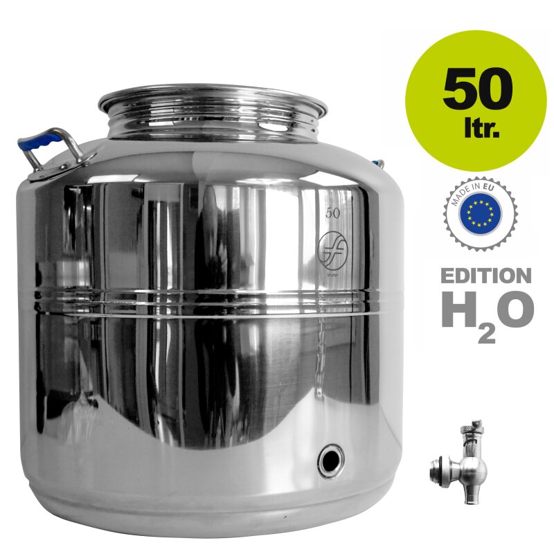 500KW50S-mit-Hahn /  Fischer Edelstahlkanne geschweißt: POLISHLINE Wasser-Edition H2O, 50 Liter Inhalt, Getränkefass speziell für Trinkwasser-Lagerung, INKL. speziellem V4A Edelstahlhahn