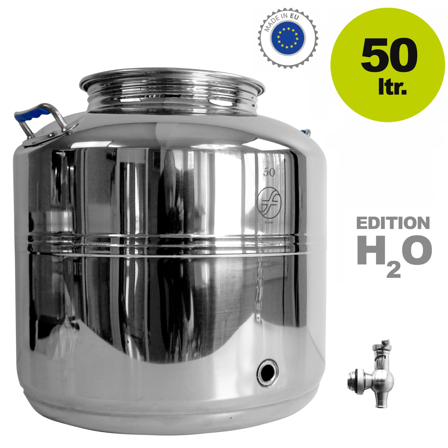 500KW50S-mit-Hahn  Fischer Edelstahlkanne geschweißt: POLISHLINE Wasser-Edition H2O, 50 Liter Inhalt,  Edelstahl Getränkefass speziell für Trinkwasser-Lagerung,  Trinkwasserkanne INKL. speziellem V4A Edelstahlhahn 	 
		 (Getränkefass, Edelstahl ,H2O Edition, Trink-Wasser geeignet, Wasserkanne, Wasser-Kanister Edelstahl)  
	