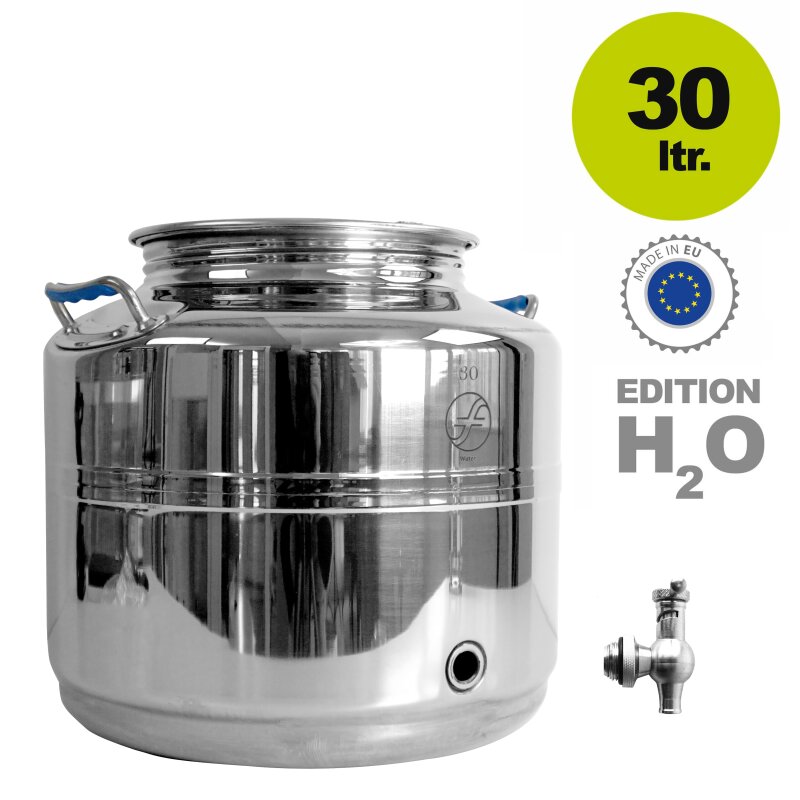 500KW30S-mit-Hahn /  Fischer Edelstahlkanne geschweißt:  POLISHLINE Wasser-Edition H2O, 30 Liter Inhalt, Getränkefass speziell für Trinkwasser-Lagerung, INKL. speziellem V4A Edelstahlhahn