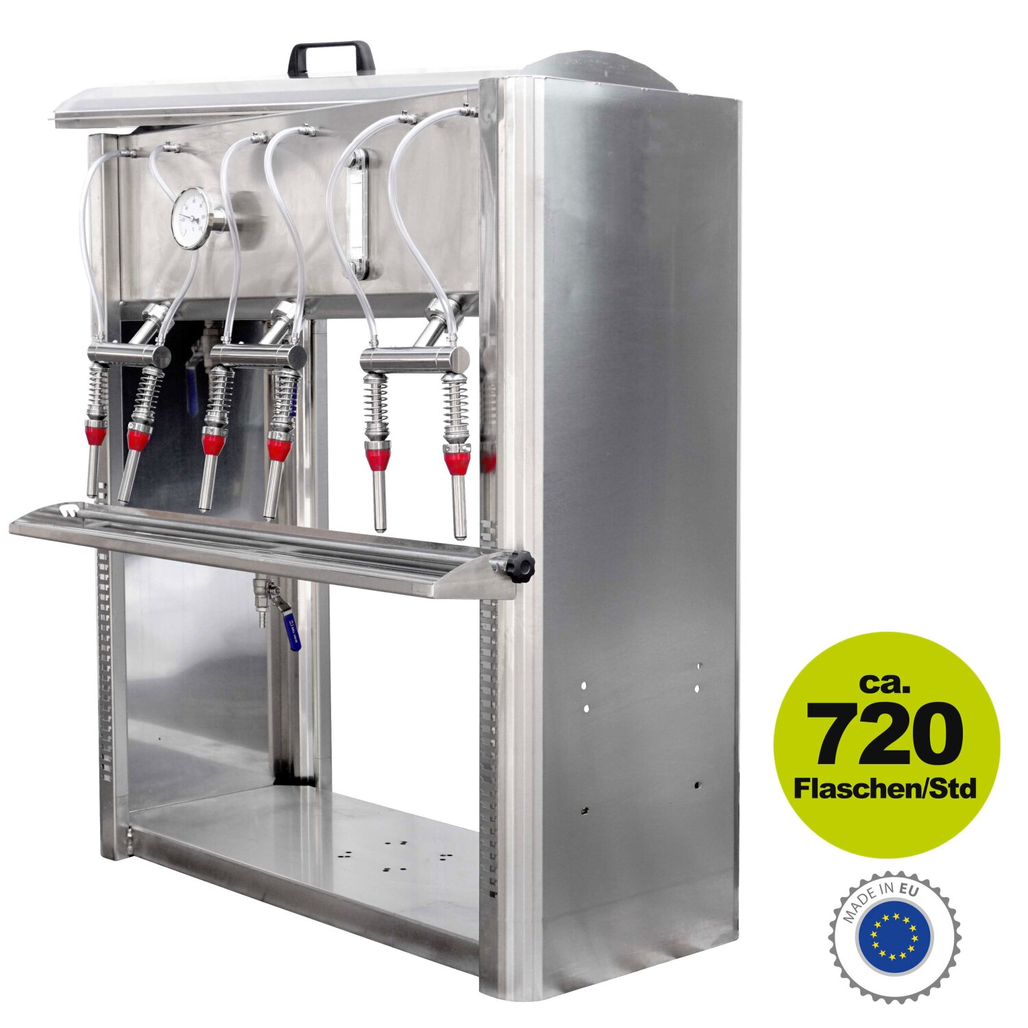   Heißabfüller AFGEE6-T90: Profi Flaschen-Abfüllgerät 6 Stationen, Edelstahl, 14mm Standard-Füllventile zur Heissabfüllung, mit Thermometer 	 
		 (Profi-Abfüllgerät, Abfüllgerät, Flaschen-Abfüllgerät, sterile pasteurisierte Heißabfüllung, 6 Füll-Stationen)  
	